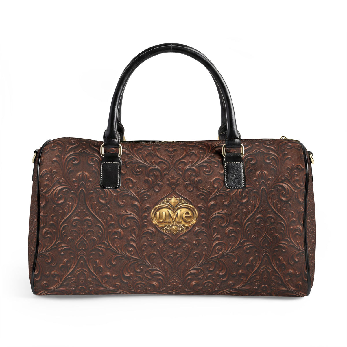 Brown Faux Leather Travel Bag — Vintage Scroll UME Weekender
