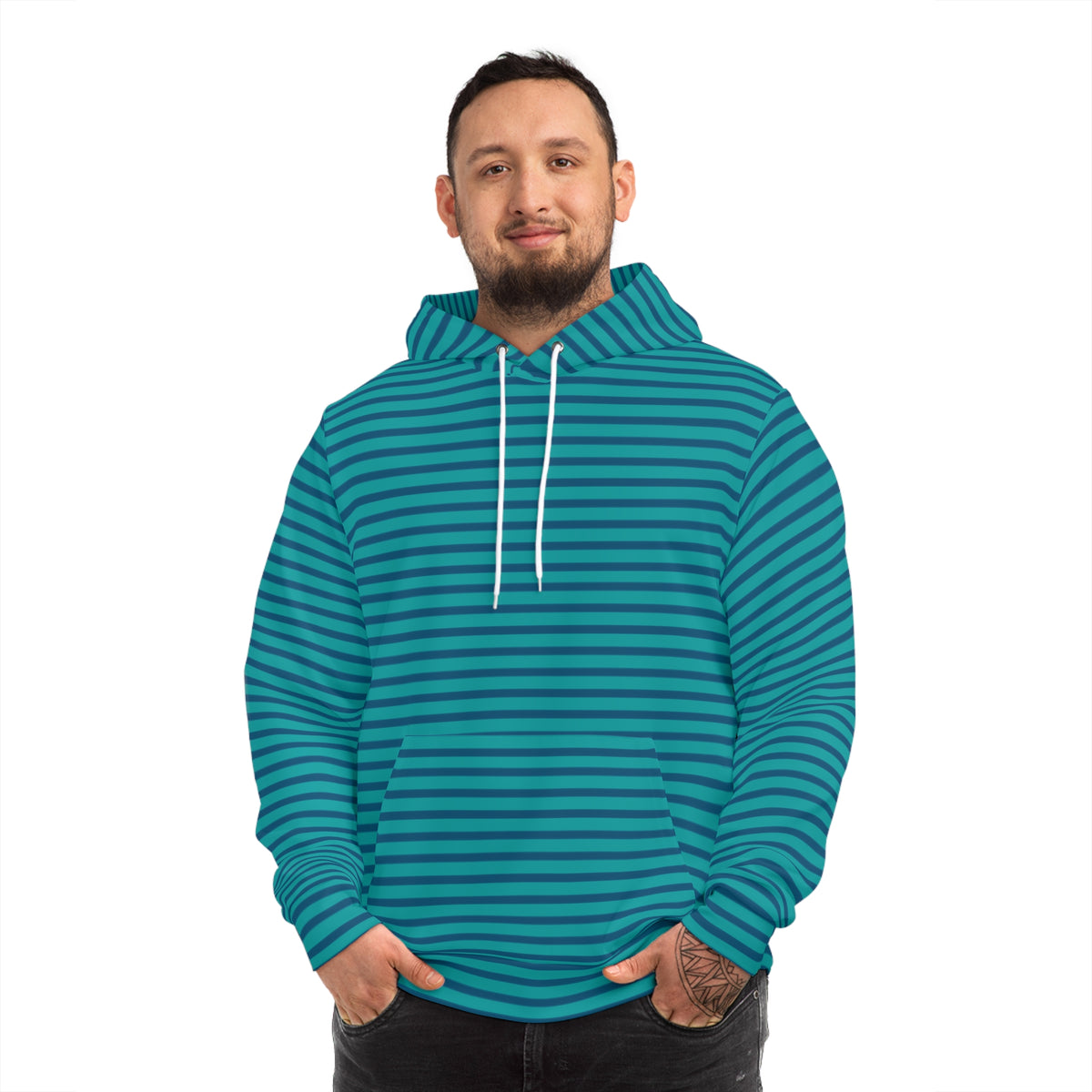 Striped Fashion Hoodie — Teal UME All-Over Print Casual Pullover