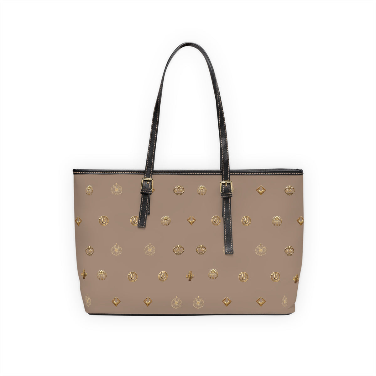 Taupe Monogram PU Leather Shoulder Bag — Gold Emblem Print Luxe Tote