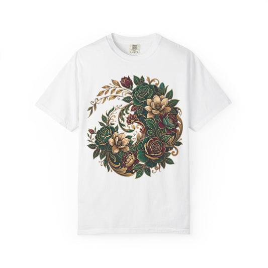 Floral Yin Yang T-Shirt — Vintage Green & Gold Rose Graphic Tee
