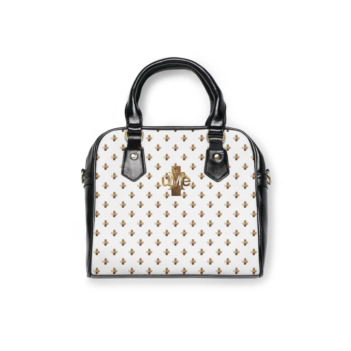 White Shoulder Handbag — Faux Leather Tote with Gold uMe Cross Logo