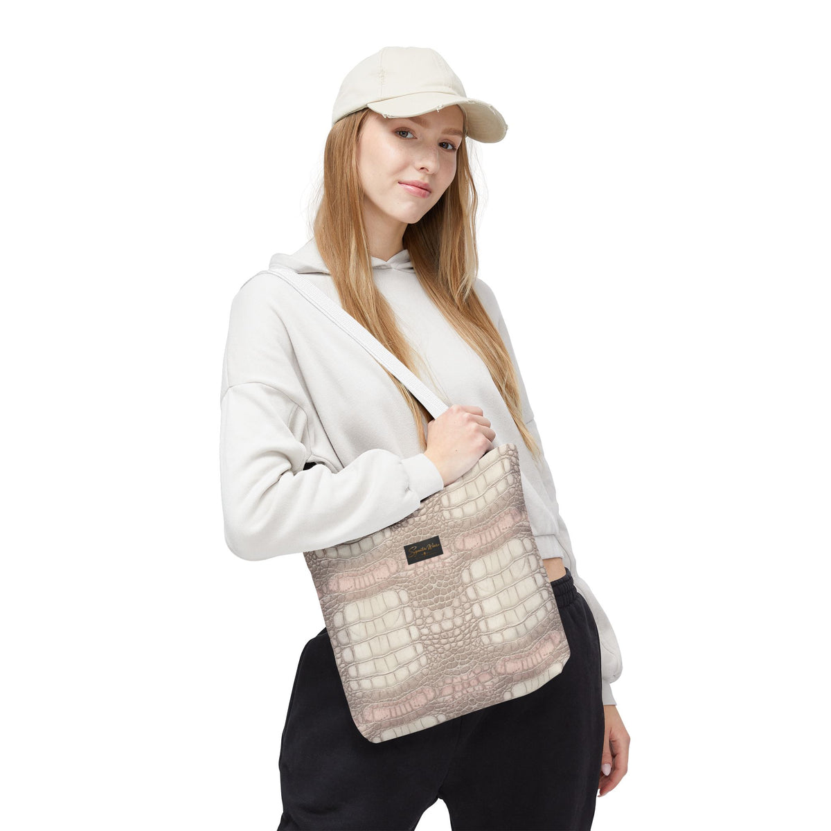 Croc Emboss Tote Bag — Blush Pink Crocodile Texture AOP Tote
