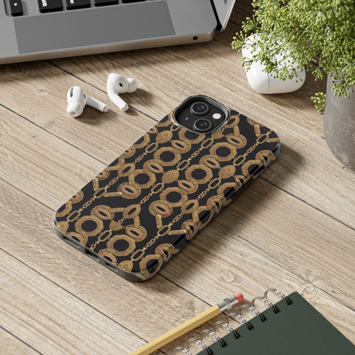 Gold Chain Phone Case — Black & Gold Ornate Chain All-Over Print Tough Cover
