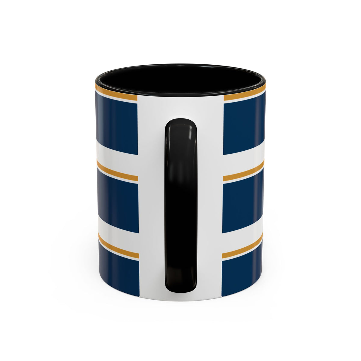 Navy and Gold Striped Accent Mug — White Ceramic