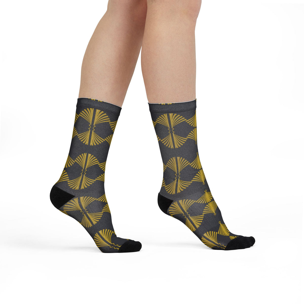 Crew Socks — Gold Art Deco Fan Print on Charcoal