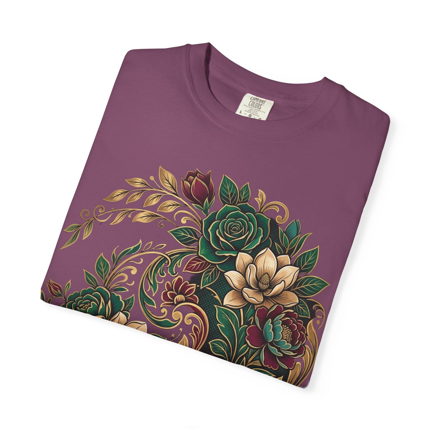 Floral Yin Yang T-Shirt — Vintage Green & Gold Rose Graphic Tee