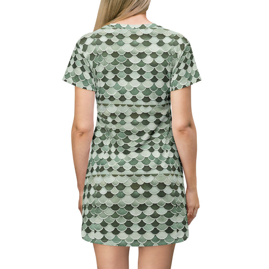 Green Watercolor Mermaid Scale T-Shirt Dress