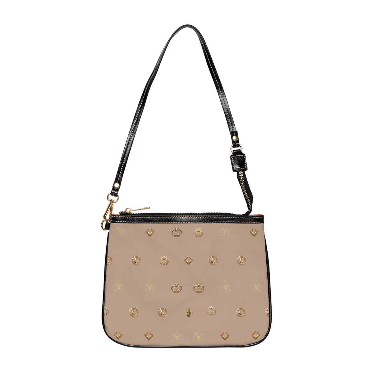 Taupe Monogram Small Shoulder Bag – Gold Emblem Print PU Leather Purse