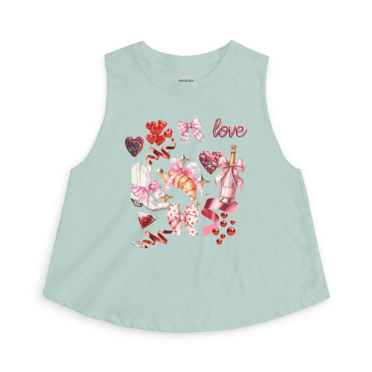 Valentine's Love Collage Crop Top — Women's Romantic Heart & Champagne Graphic