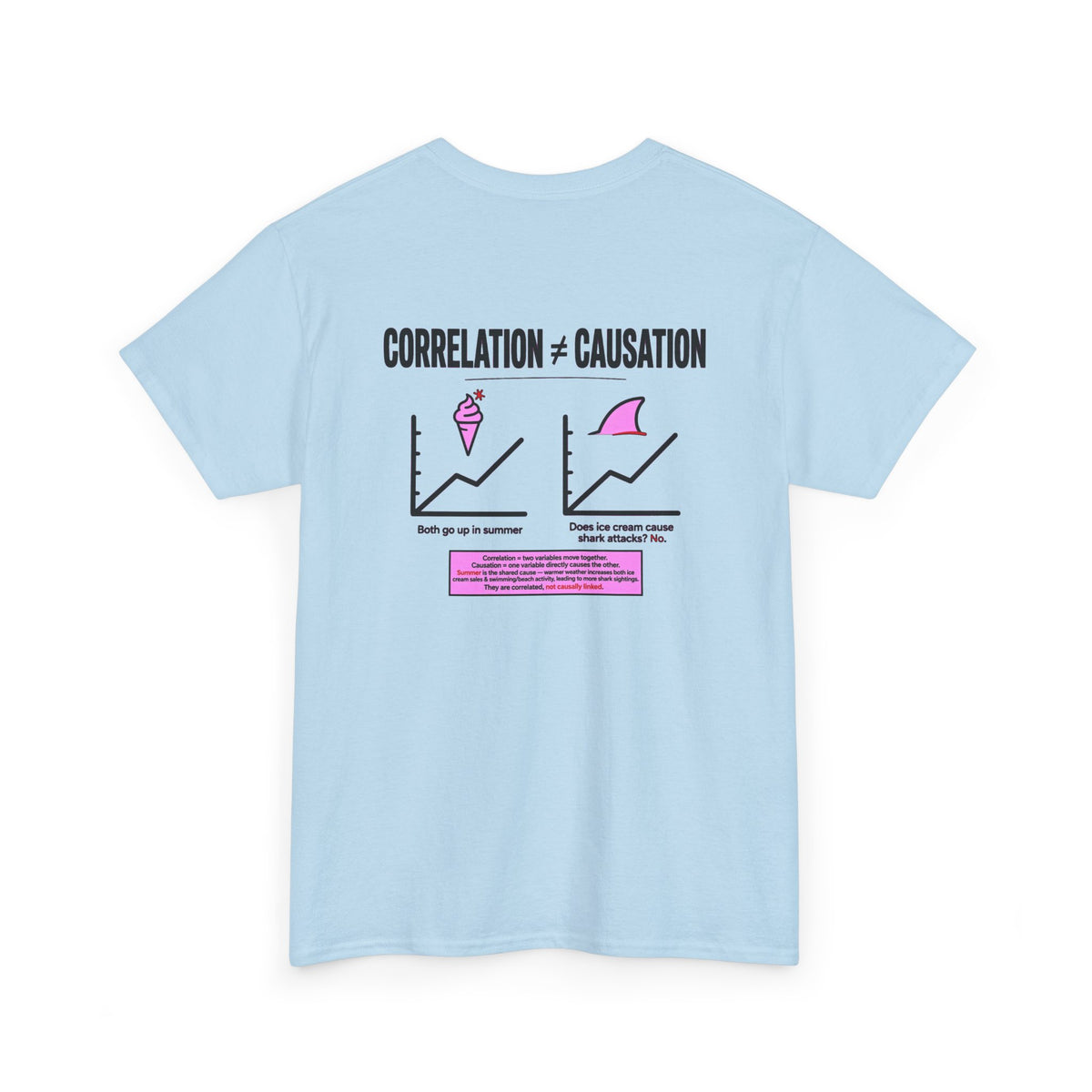Correlation ≠ Causation Graphic Tee — White, Blue, Pink, Yellow & Neutral Bases