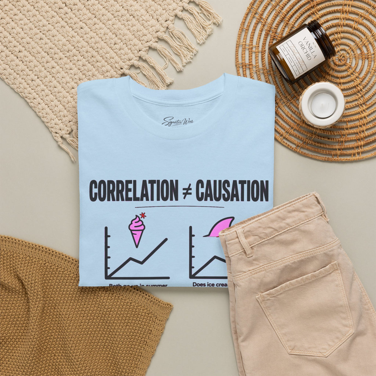Correlation ≠ Causation Graphic Tee — White, Blue, Pink, Yellow & Neutral Bases