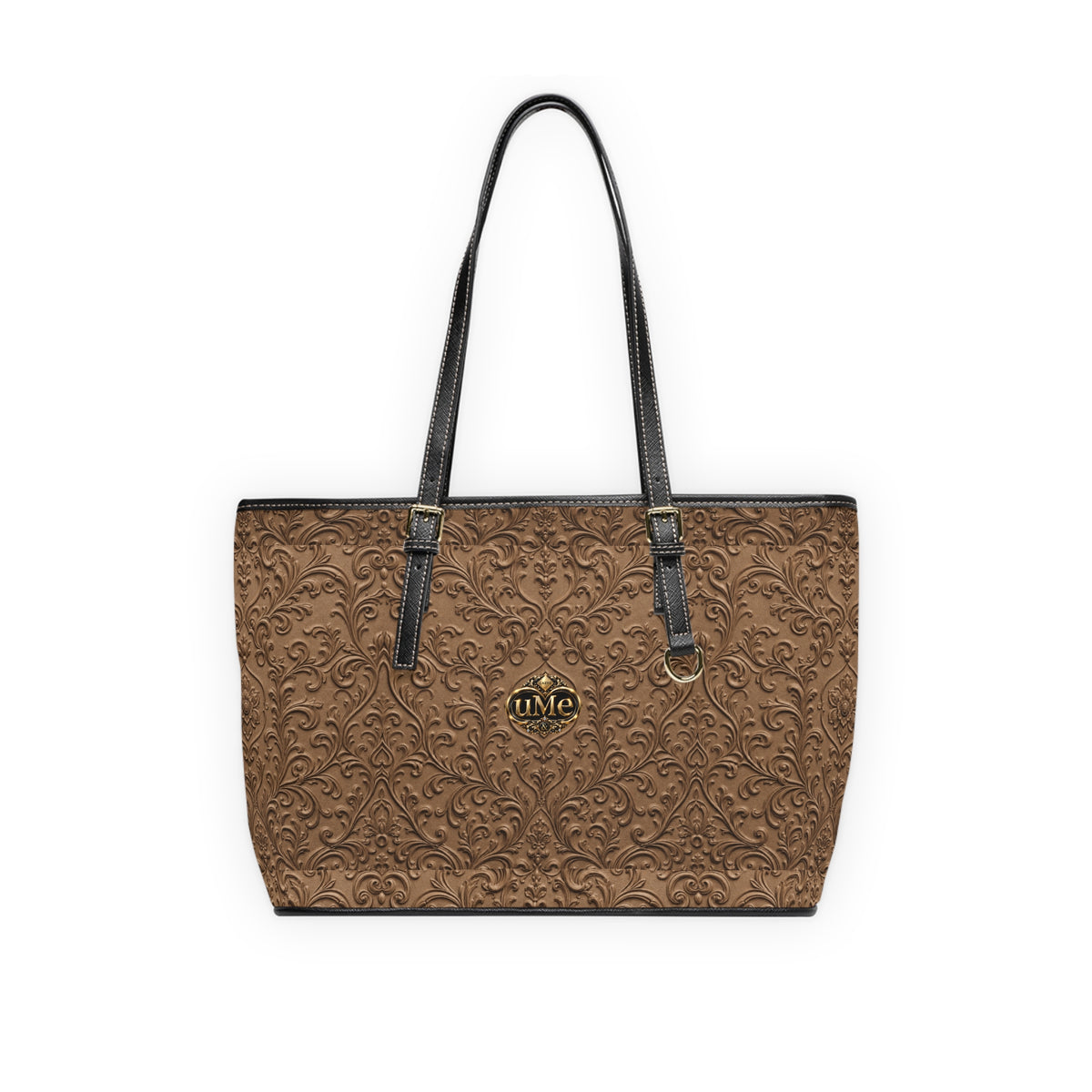 Brown UME Gold Crest Shoulder Tote — PU Faux Leather Scroll Print