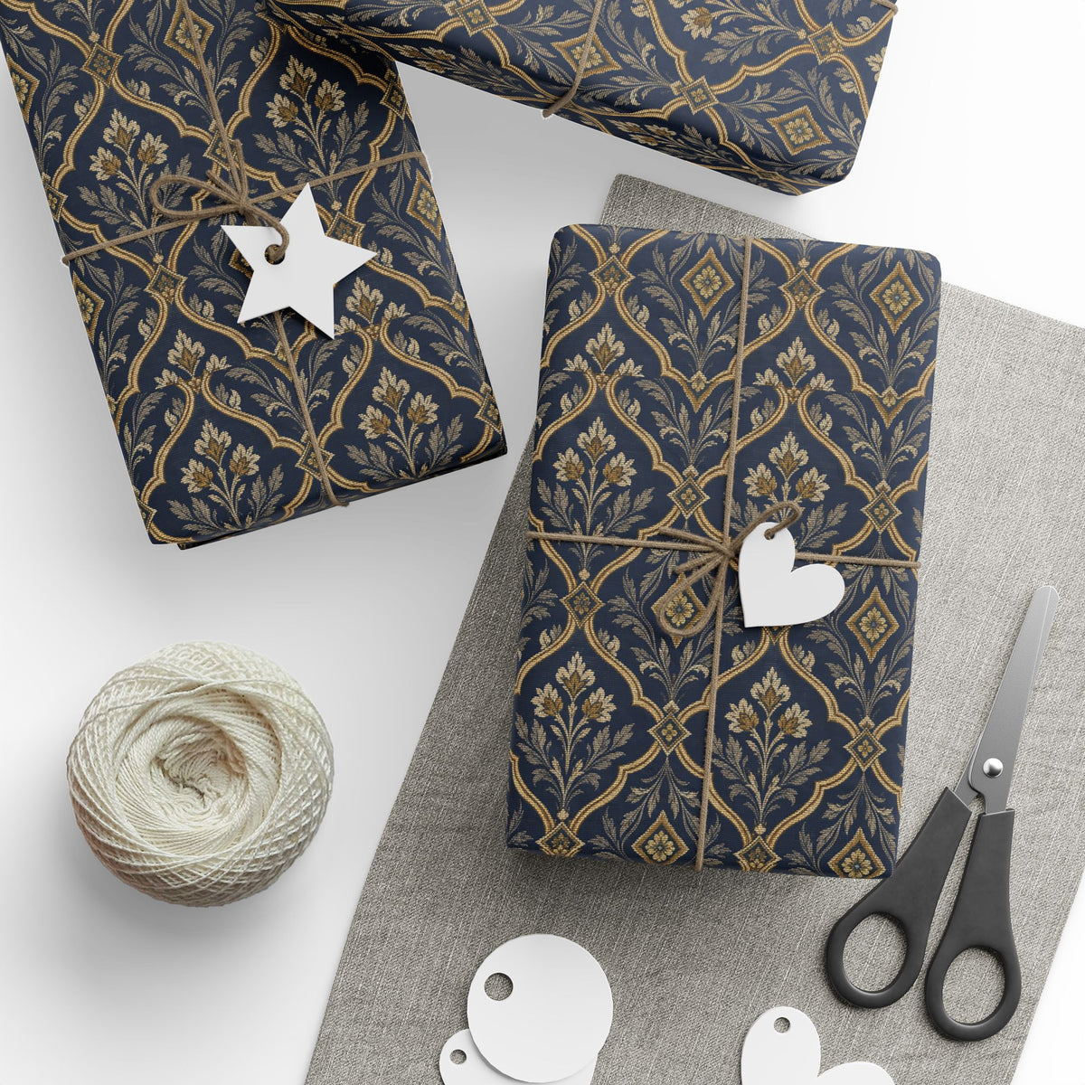 Lux Navy & Gold Damask Wrapping Paper Roll — Elegant Gift Wrap for Weddings, Anniversaries & Holidays