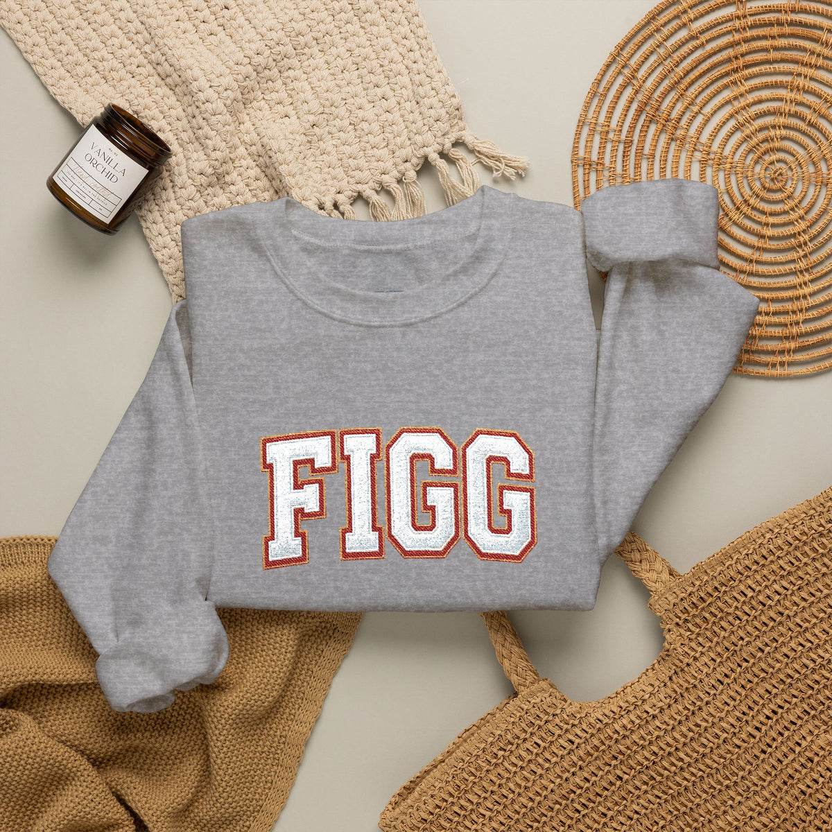 FFiGG Embroidered Collegiate Crewneck — Sport Grey, Black & More Colors