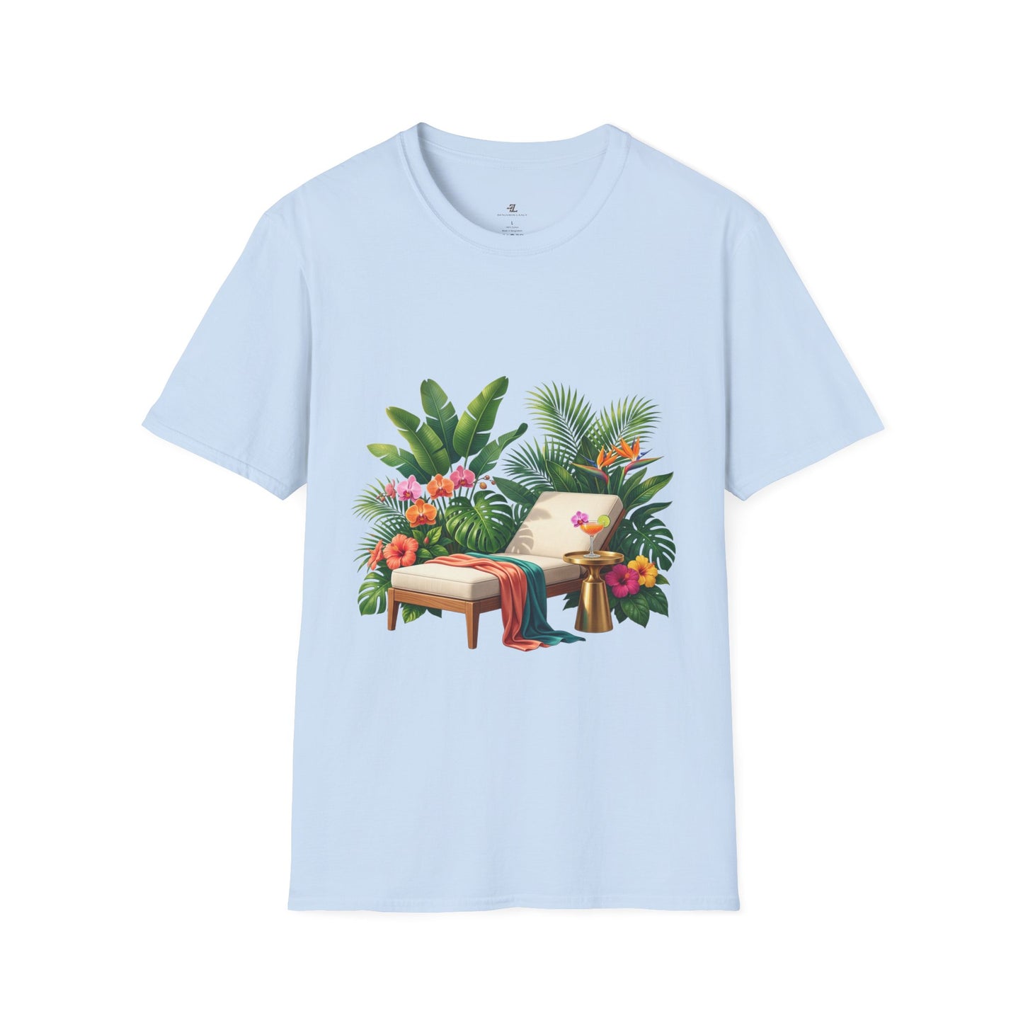 Tropical Lounge T-Shirt — Cozy Chair & Palm Floral Graphic Tee