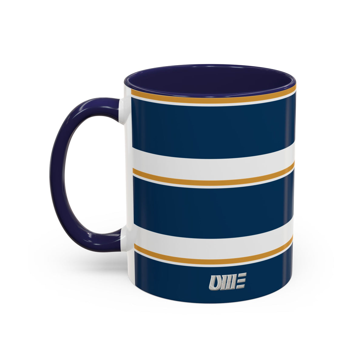 Navy and Gold Striped Accent Mug — White Ceramic