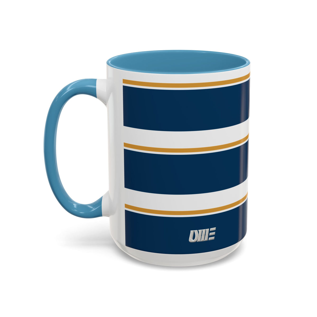 Navy and Gold Striped Accent Mug — White Ceramic