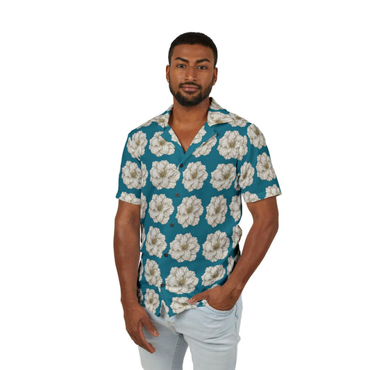 Men's Teal Hibiscus Hawaiian Camp Shirt – Floral Aloha Button-Up for Beach & Resort