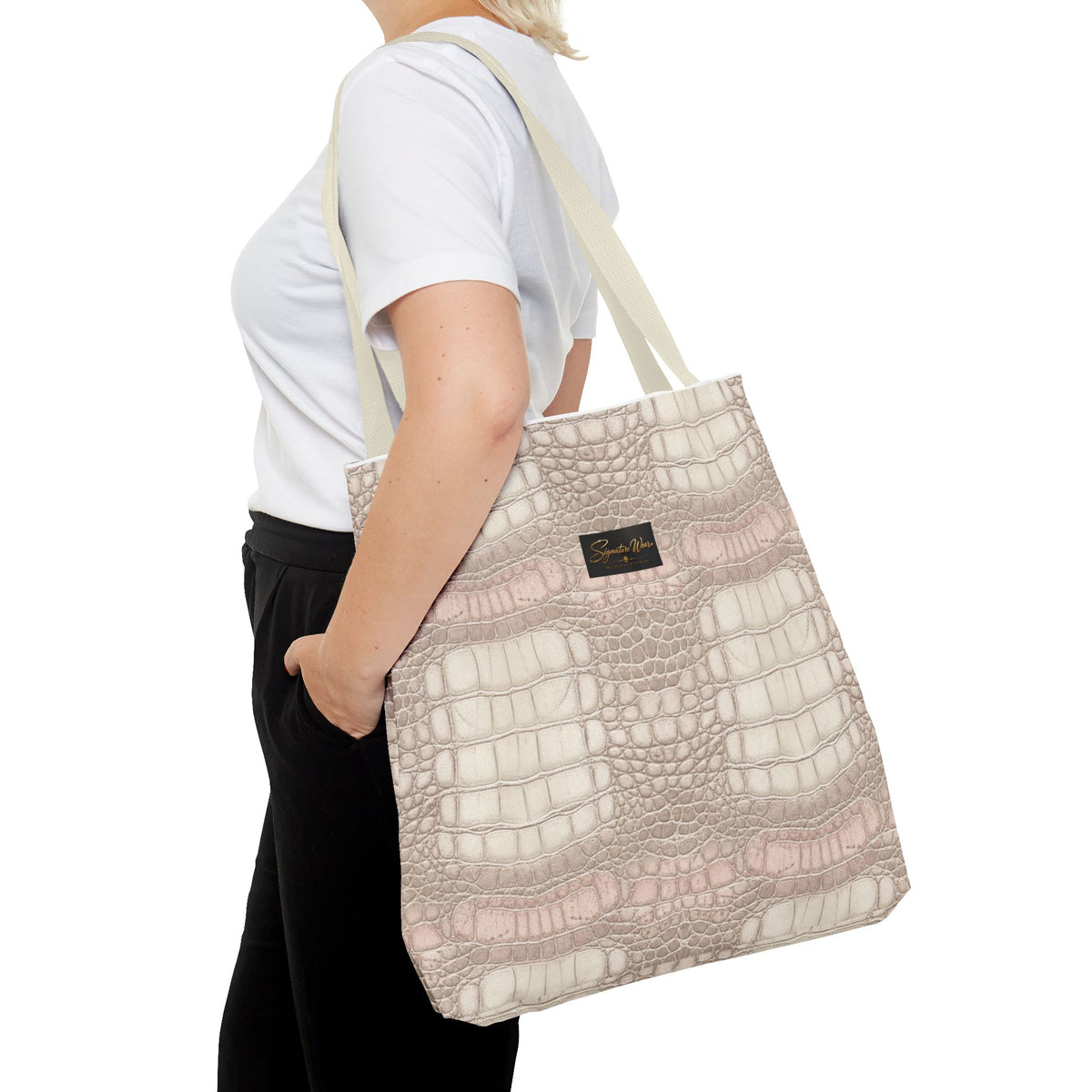Croc Emboss Tote Bag — Blush Pink Crocodile Texture AOP Tote