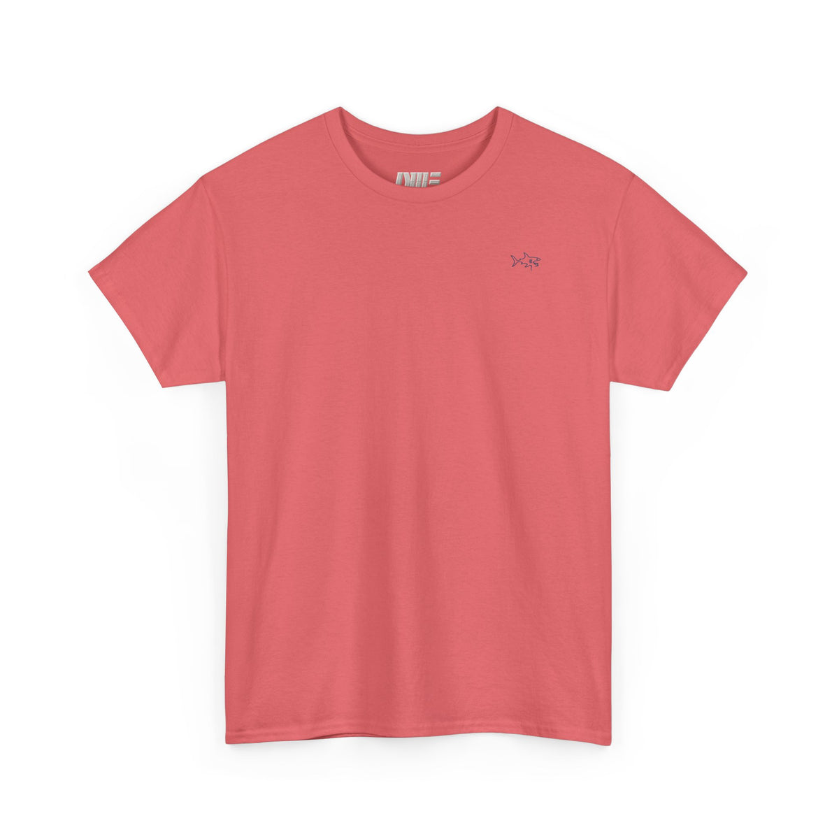 Minimalist string design Fish Tee — Small Chest Fish & Back 'OWE' Graphic