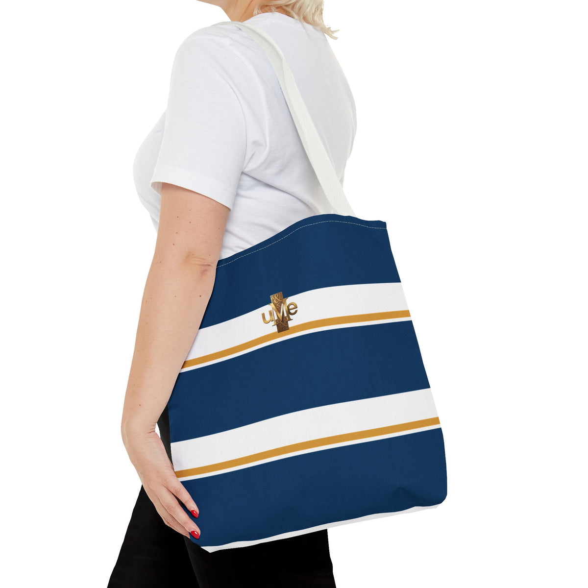 LIVE Cross Tote Bag — Navy & White Stripes with Gold Motif