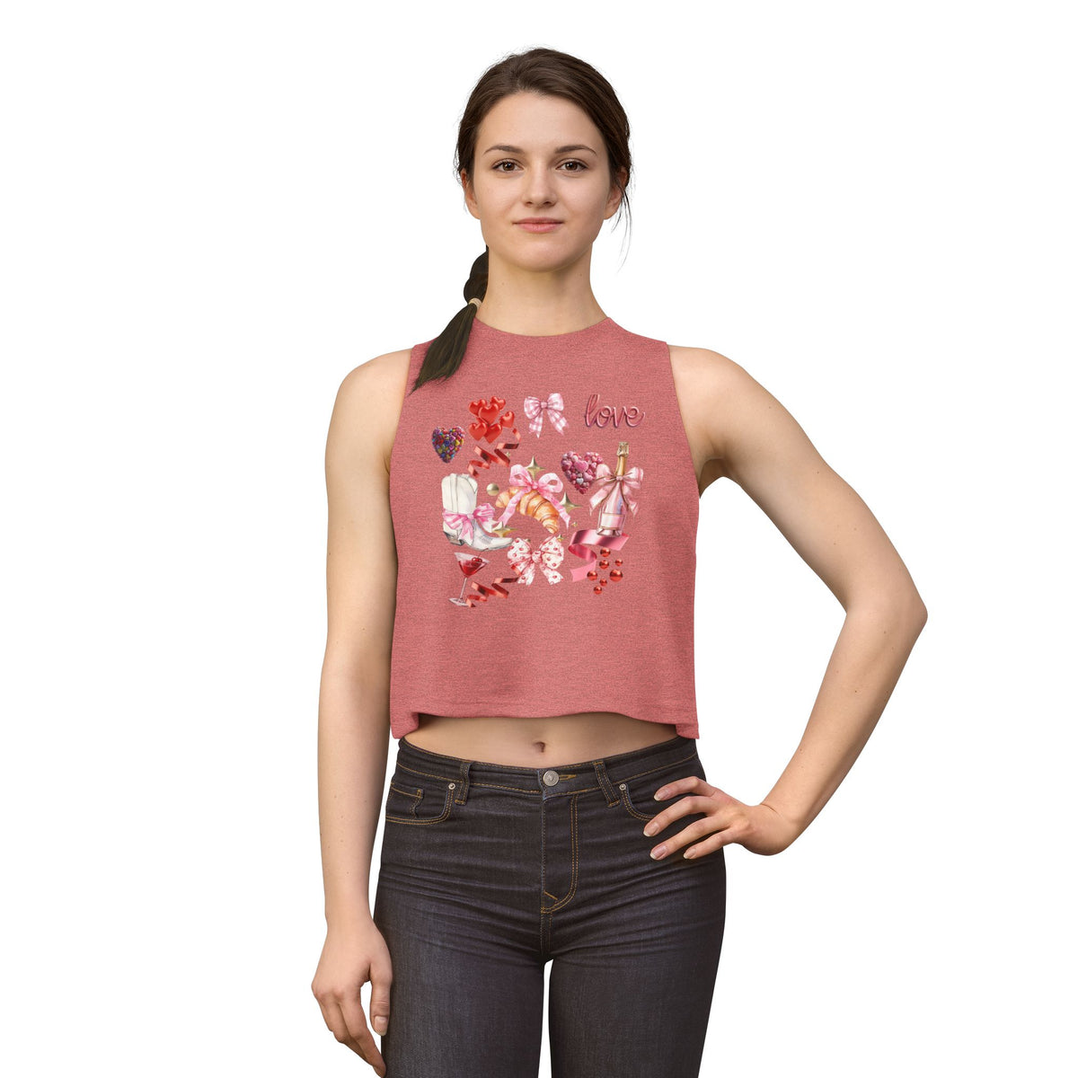 Valentine's Love Collage Crop Top — Women's Romantic Heart & Champagne Graphic