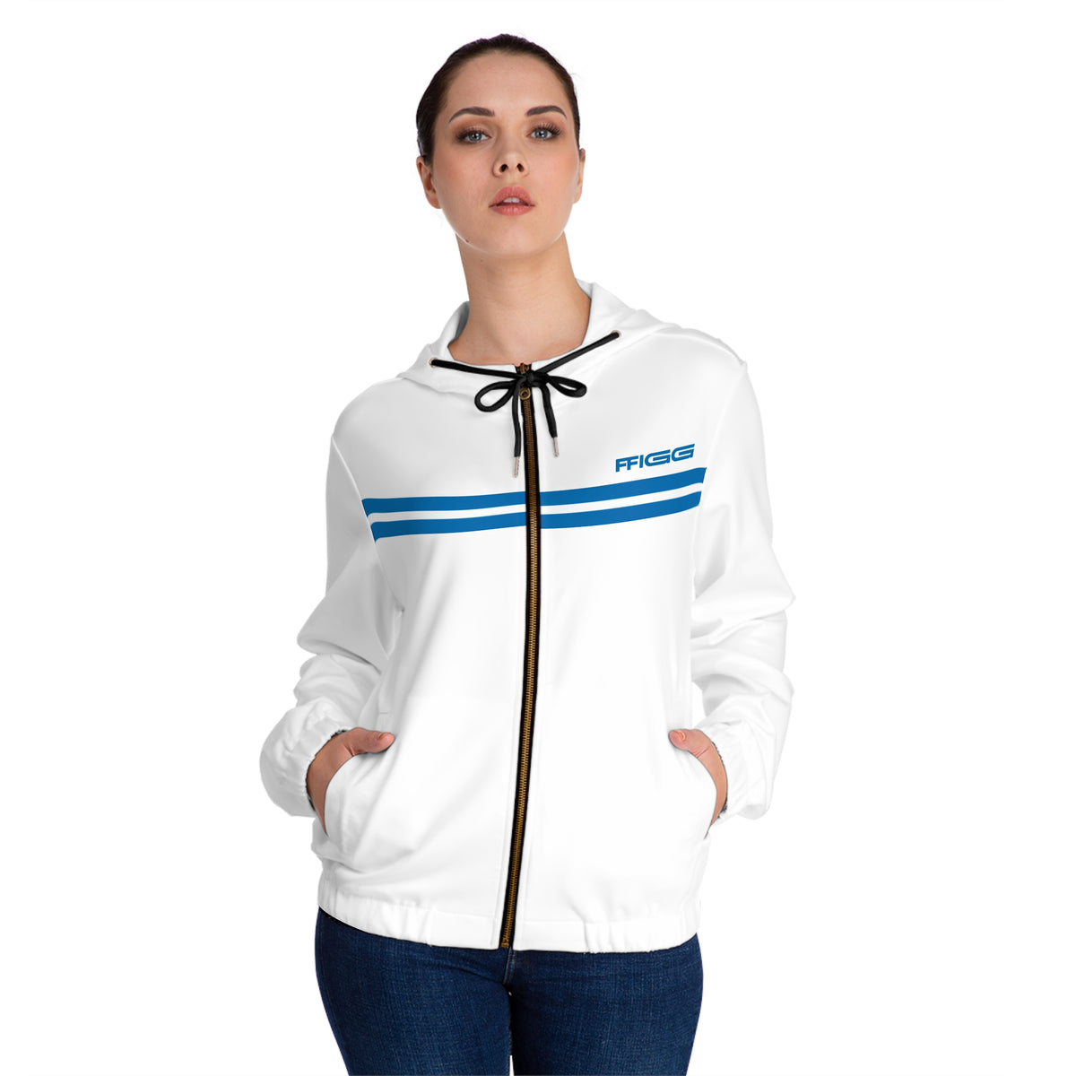 Women’s FFiGG Full-Zip Hoodie — White Blue-Stripe All-Over Print