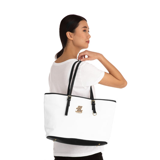 Crisp White Smooth Monogram Tote Bag – BL Signature Ivory PU Leather Shoulder Bag with Black Contrast