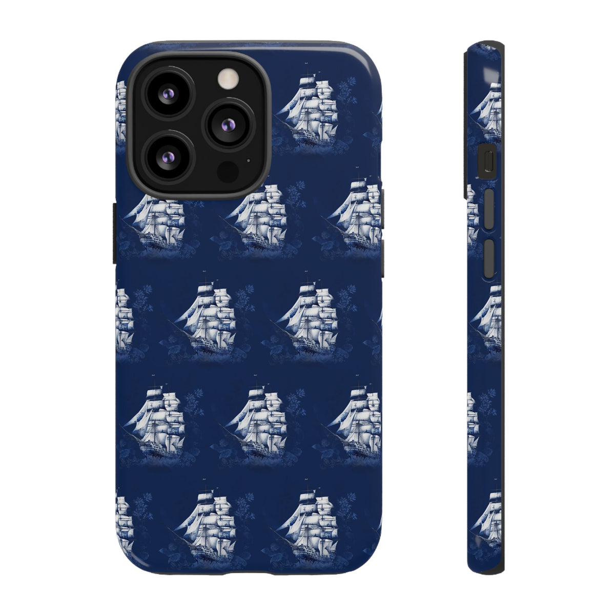 Navy Sailing Ship Phone Case — Navy Blue Vintage Nautical All-Over Print