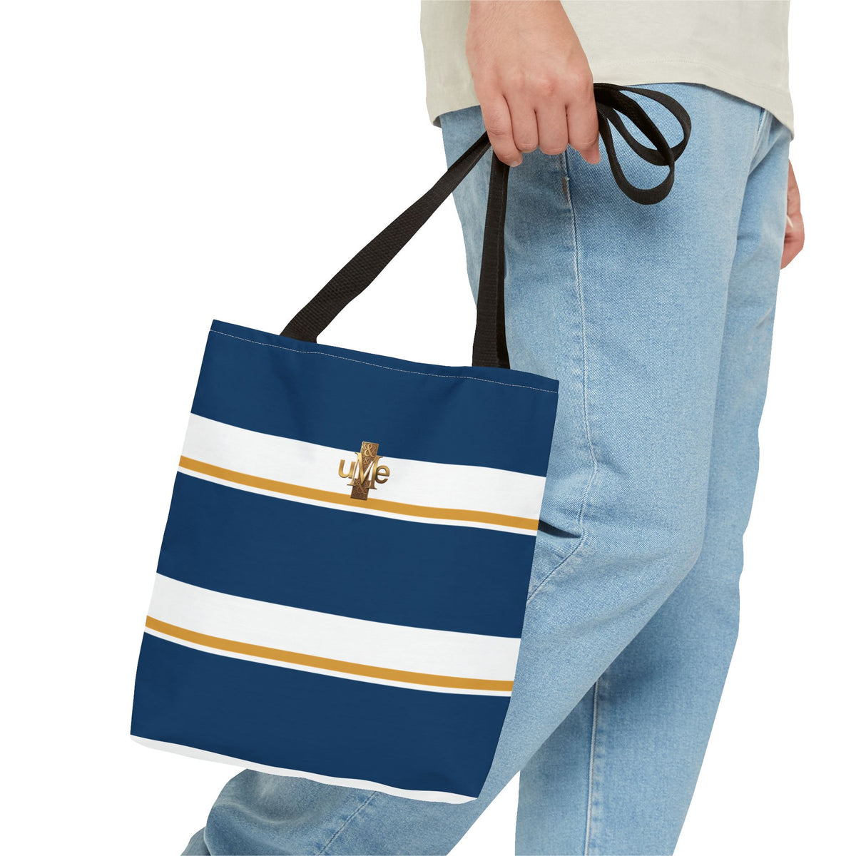 LIVE Cross Tote Bag — Navy & White Stripes with Gold Motif