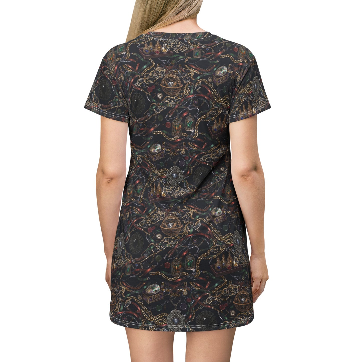 Steampunk Circuitry All-Over Print T-Shirt Dress — Vintage Tech Mechanical Pattern