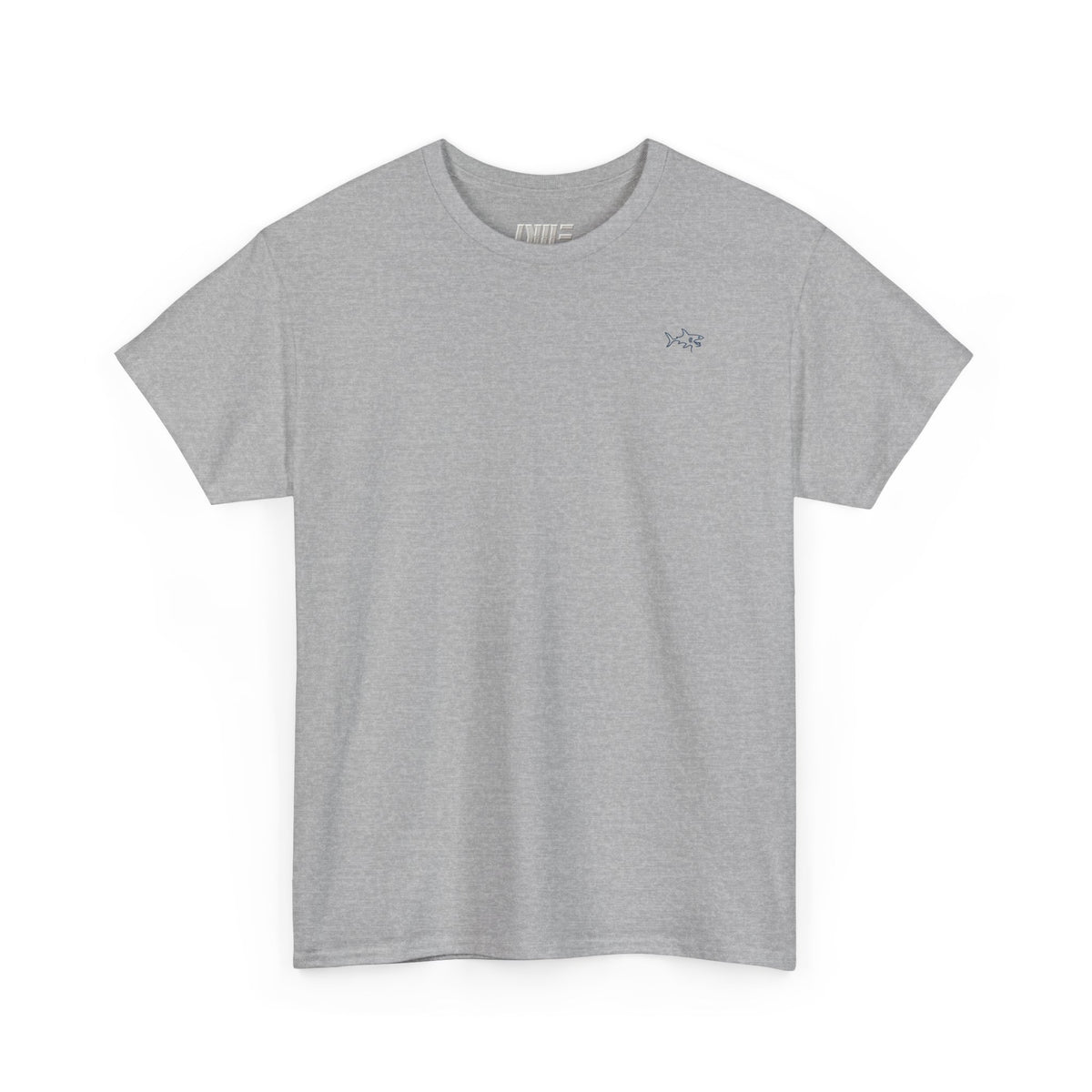 Minimalist string design Fish Tee — Small Chest Fish & Back 'OWE' Graphic