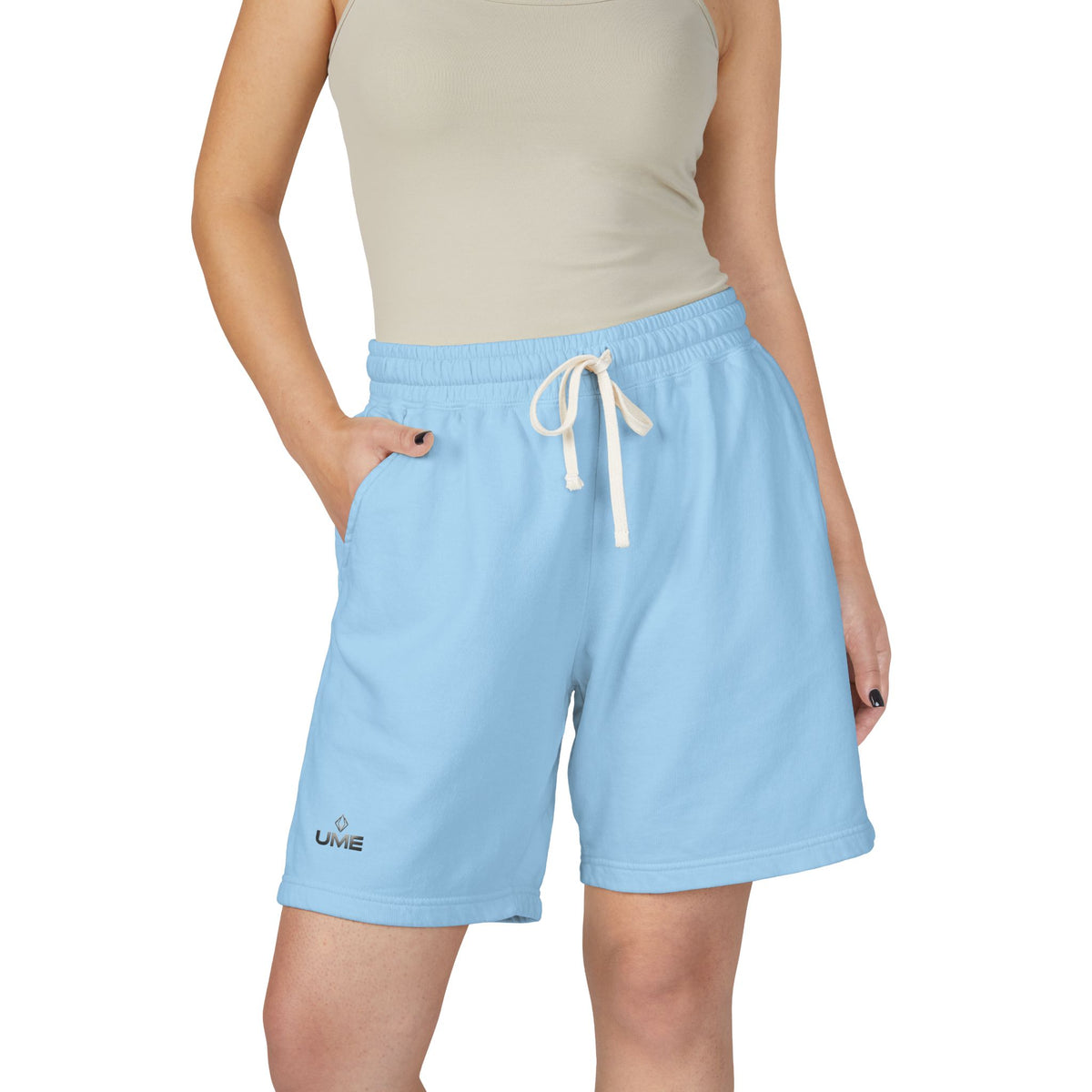 Fleece Sweat Shorts — Garment-Dyed UME Dark Grey Logo All-Over Print