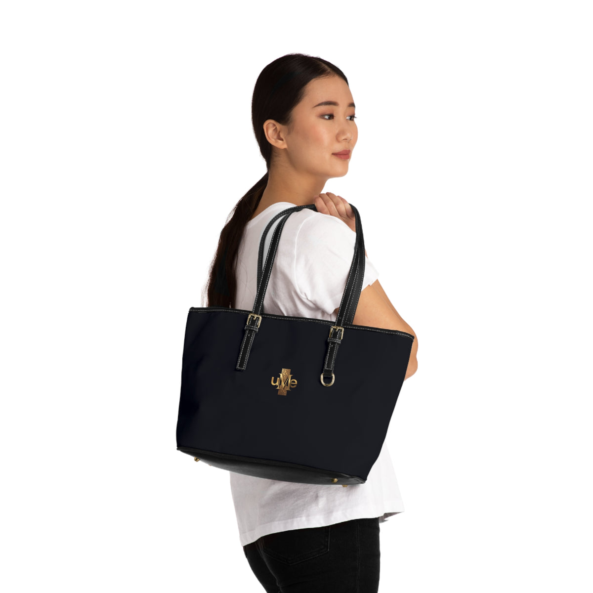 Black PU Leather Shoulder Bag with Gold Cross Logo — Elegant Tote for Everyday & Church