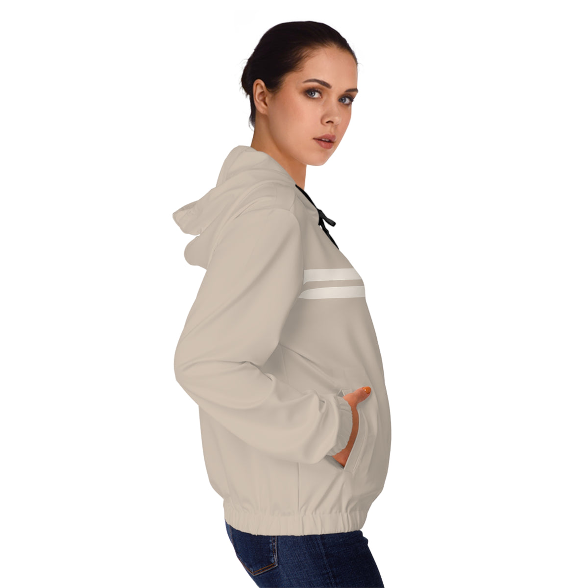 Women’s Full-Zip Hoodie with Retro Stripe Design — Sand Beige All-Over Print
