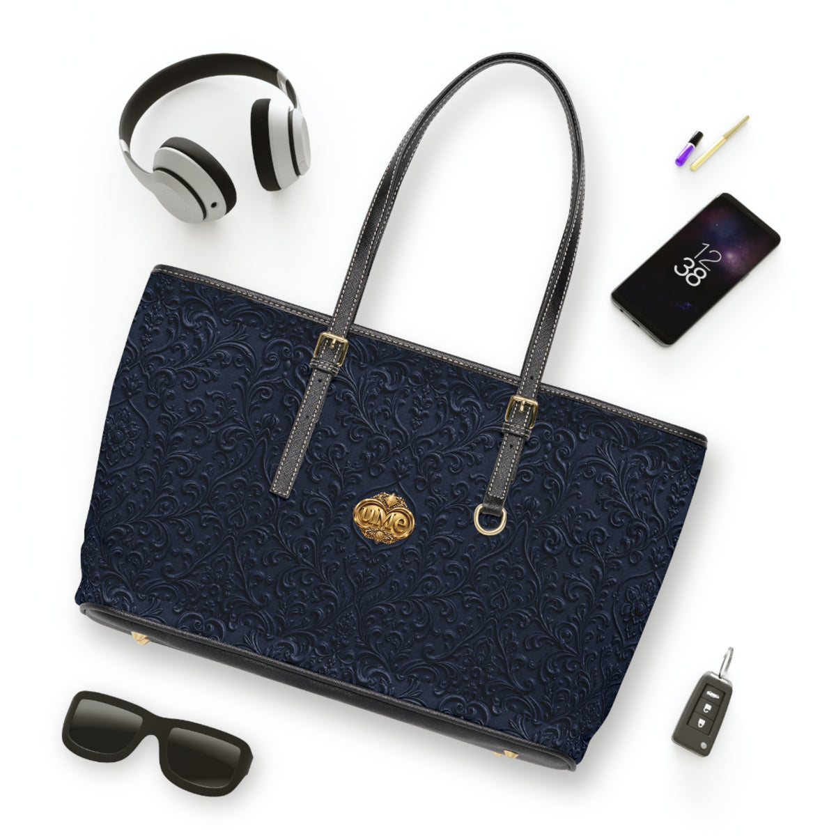 Navy UME Gold Crest Shoulder Tote — PU Faux Leather Scroll Print