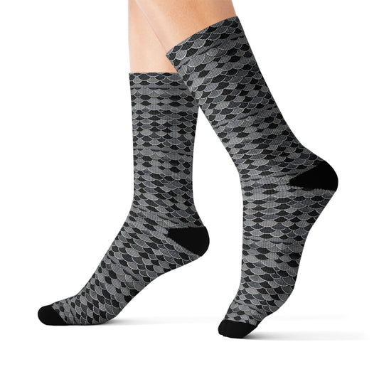 Charcoal Mermaid Scale Sublimation Socks — Grey Black Scallop Crew Socks