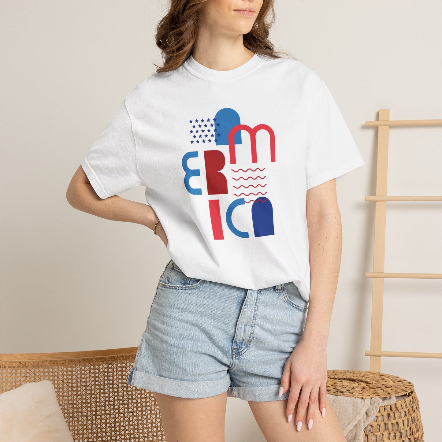 T-Shirt — Abstract 'America' Graphic Tee (Red & Blue Geometric Design)