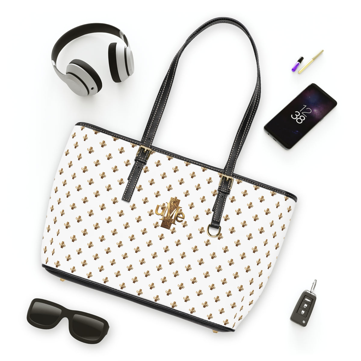 White PU Leather Shoulder Tote — Gold uMe Cross Logo Handbag