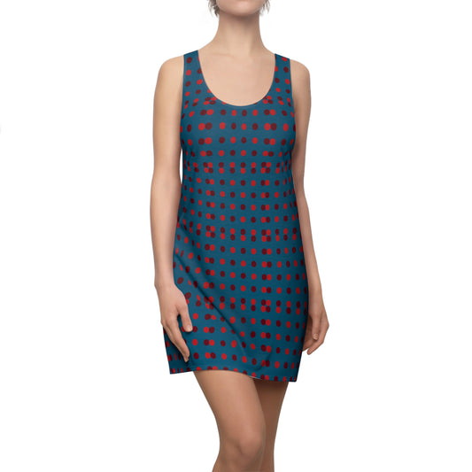 Teal & Burgundy Polka Dot Racerback Dress — AOP Sporty Mini Dress