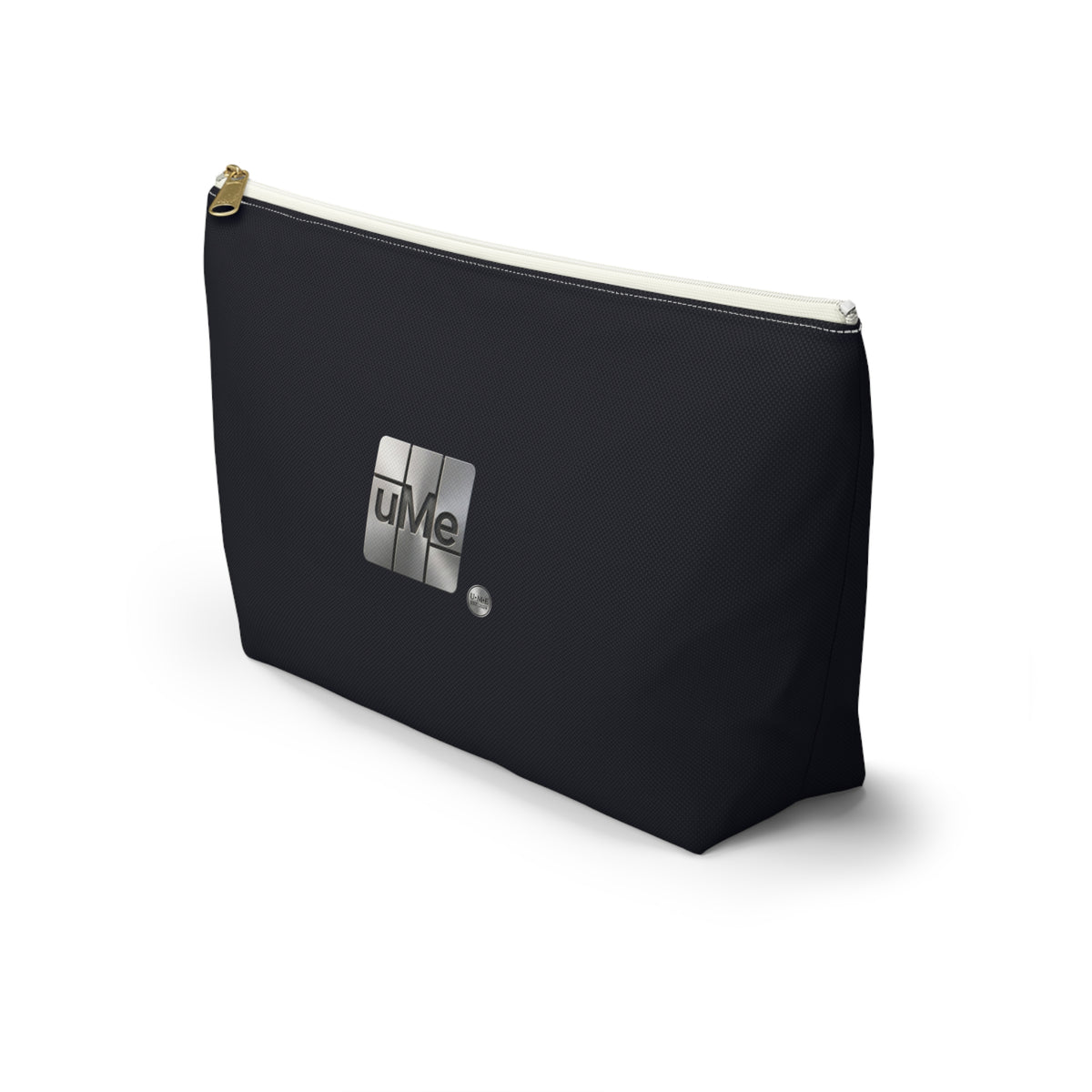 Accessory Pouch — Sleek Black T‑Bottom Cosmetic & Tech Organizer with Metallic 'uMe' Logo