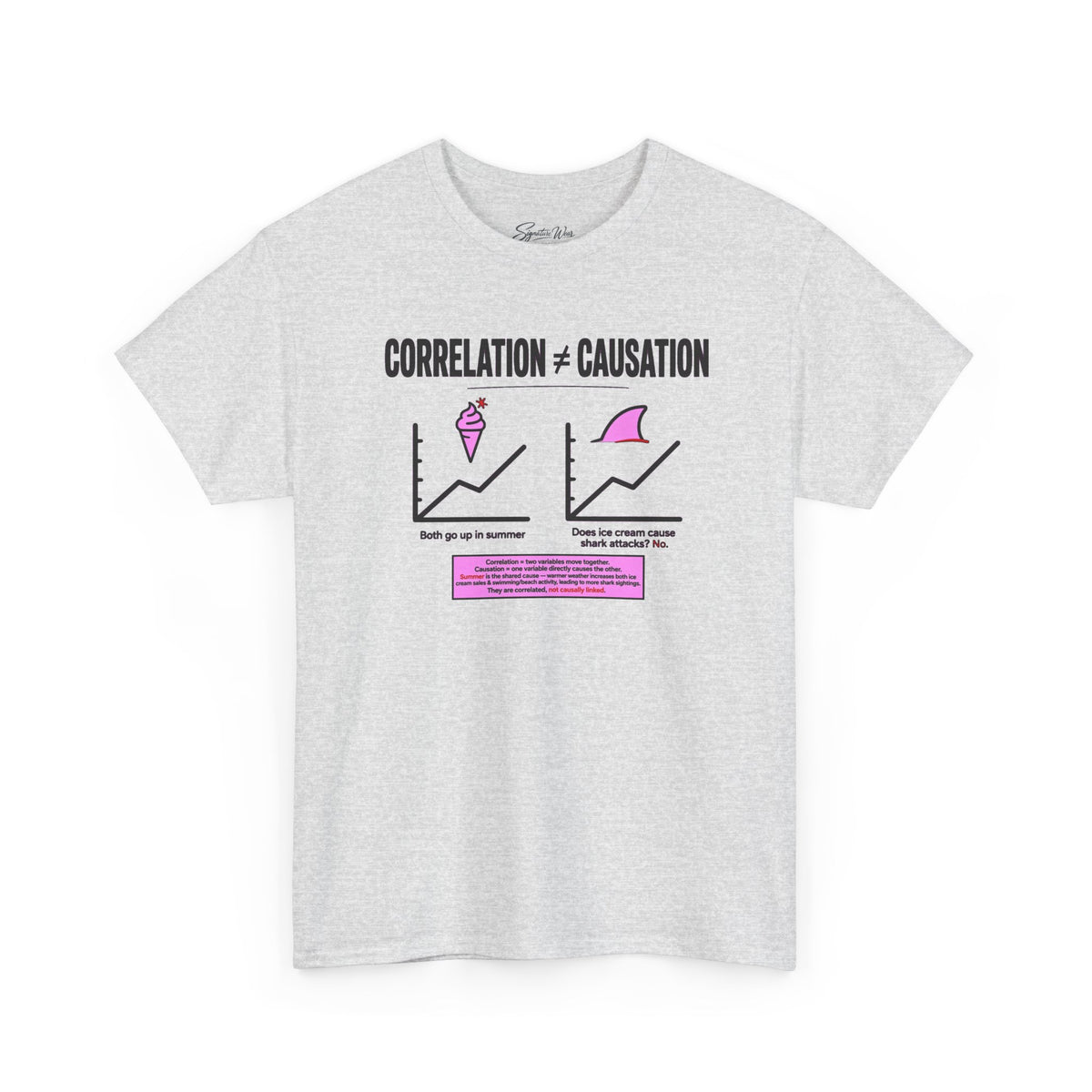Correlation ≠ Causation Graphic Tee — White, Blue, Pink, Yellow & Neutral Bases