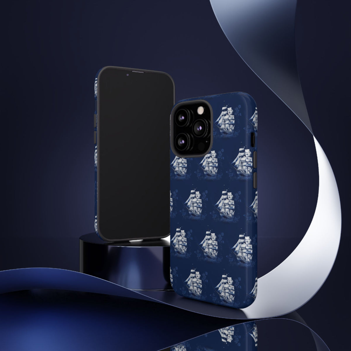 Navy Sailing Ship Phone Case — Navy Blue Vintage Nautical All-Over Print