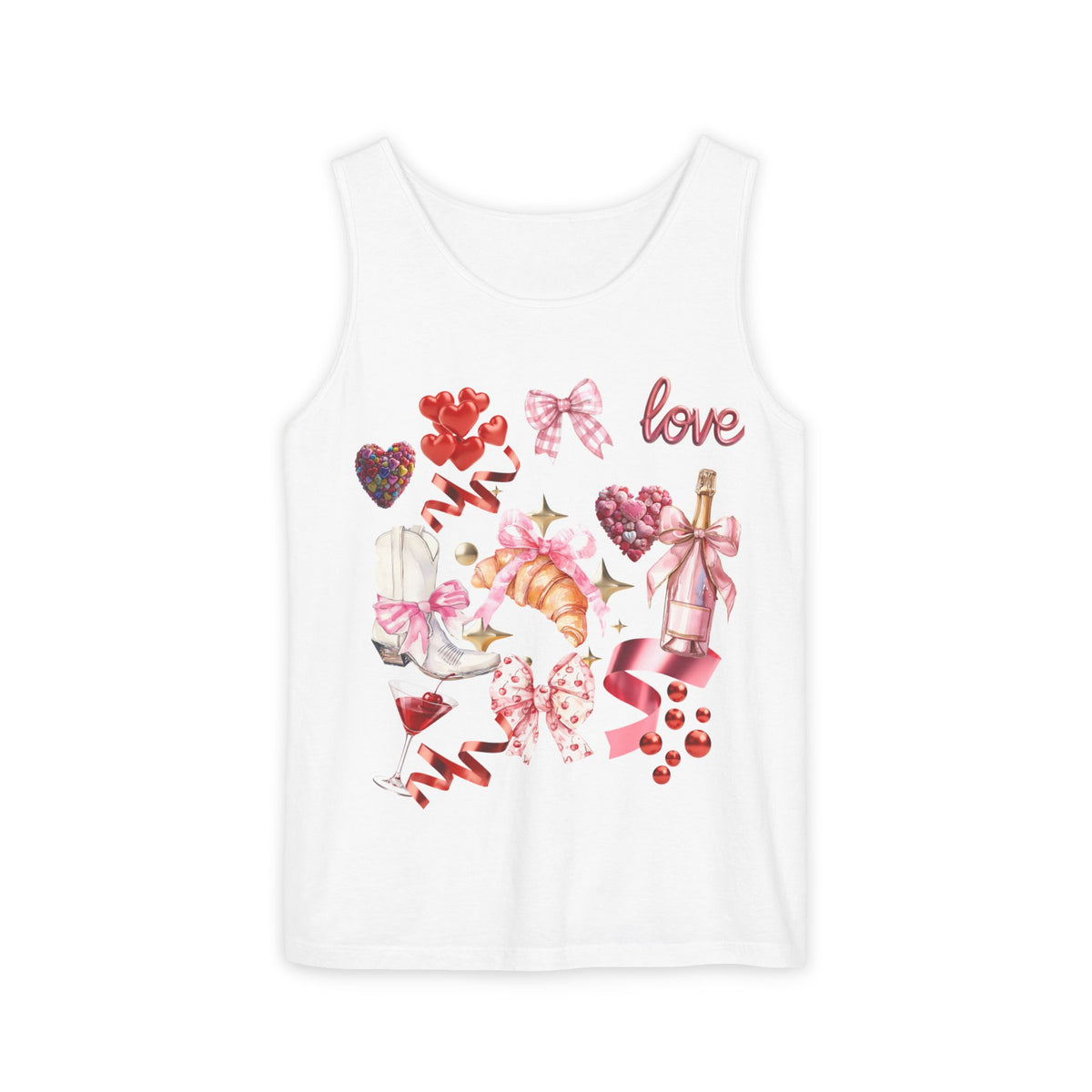 Valentine's Love Collage Tank Top — Romantic Champagne & Hearts Graphic