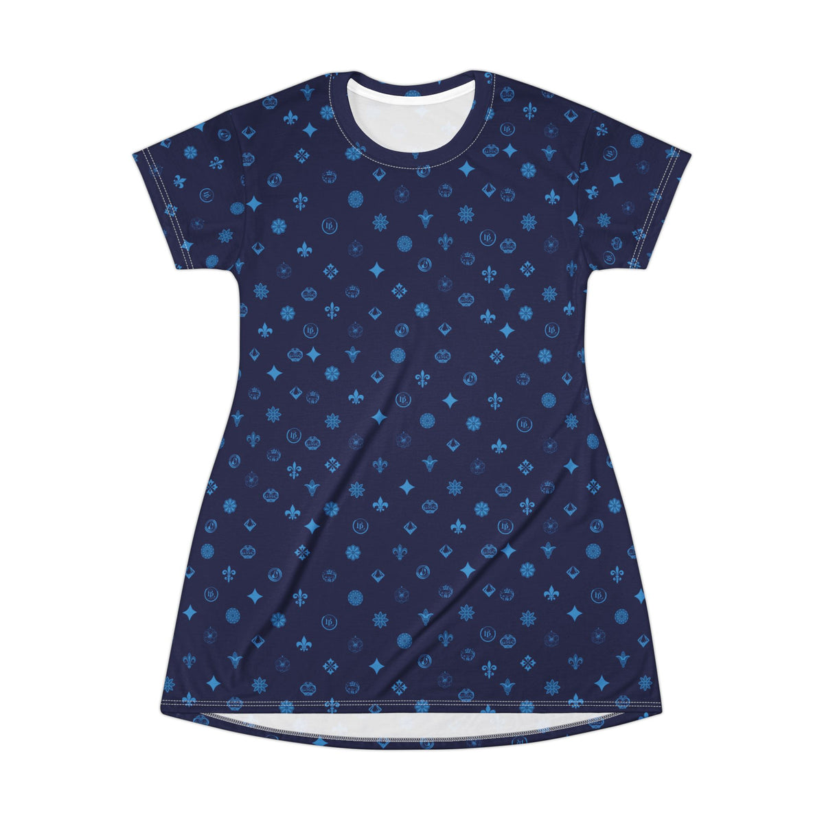 T-Shirt Dress — Navy Blue Ornamental Motif All-Over Print