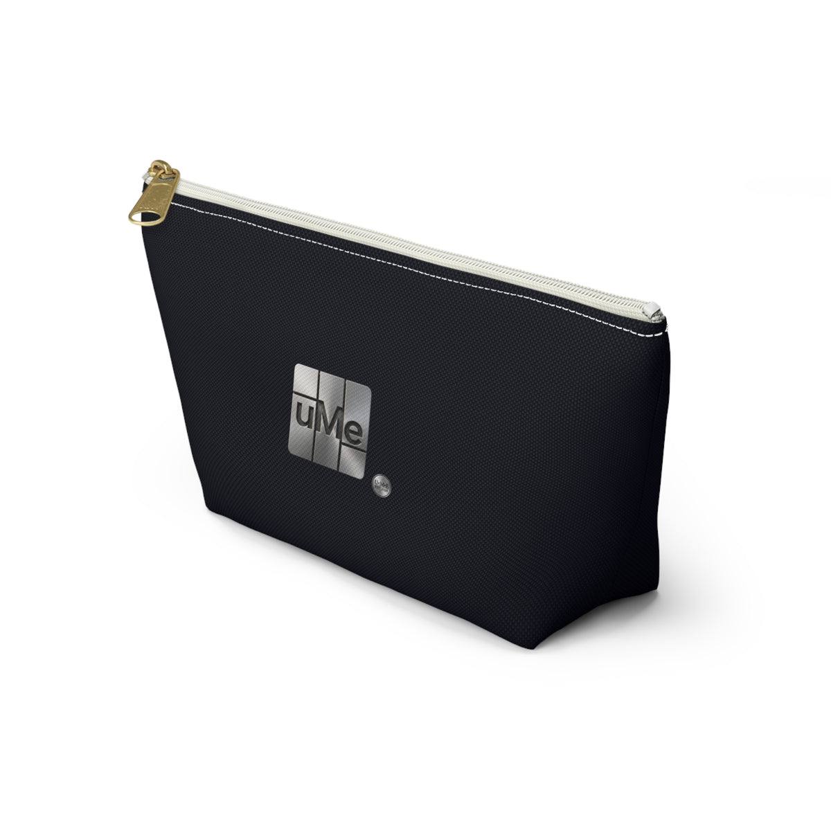 Accessory Pouch — Sleek Black T‑Bottom Cosmetic & Tech Organizer with Metallic 'uMe' Logo