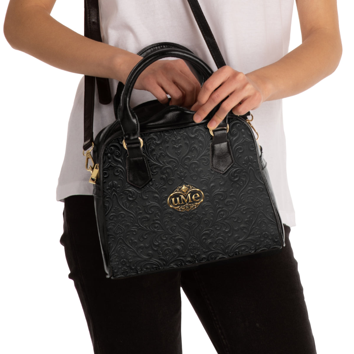 Black UME Gold Crest Shoulder Handbag — Faux Leather Scroll Print