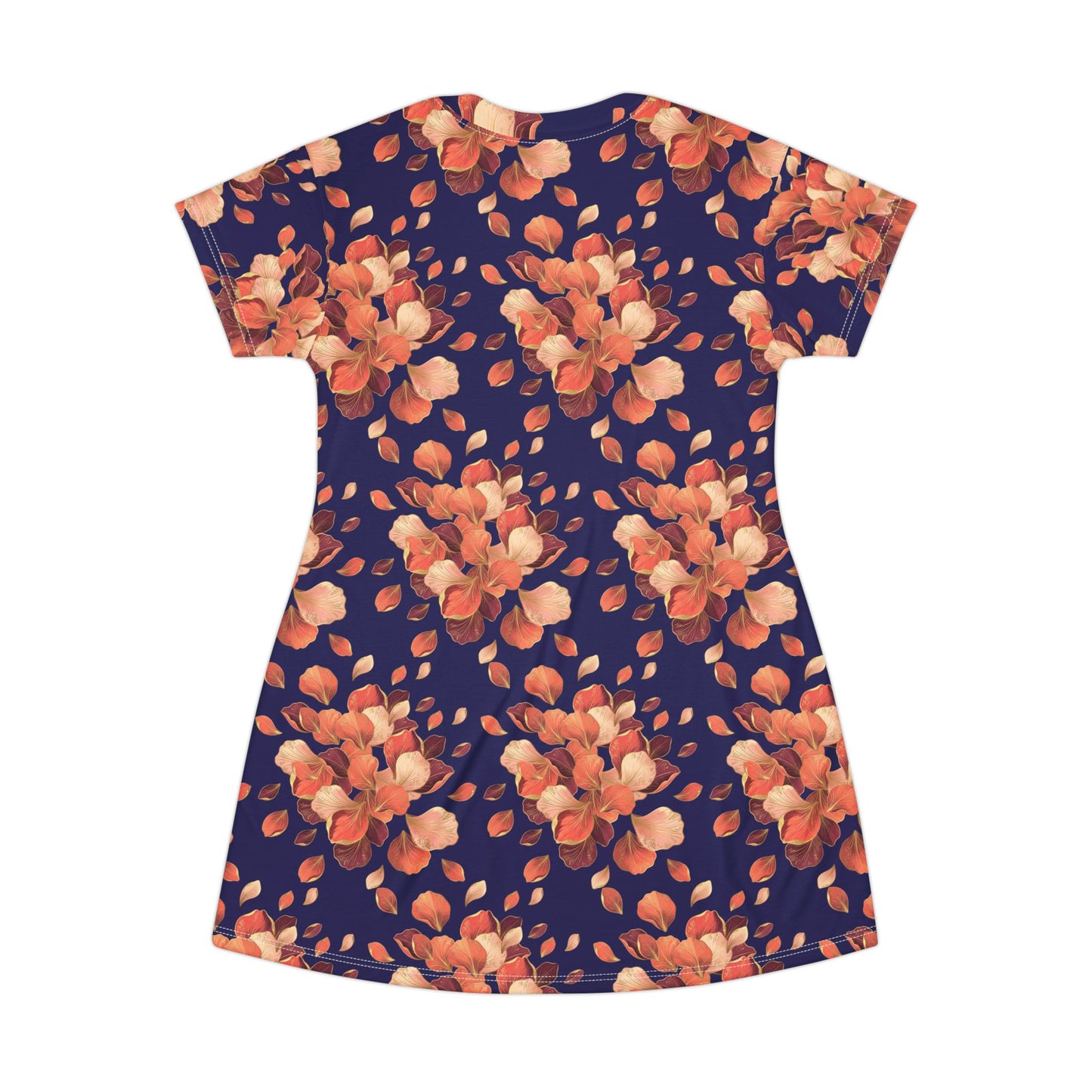 Floral AOP T-Shirt Dress — Navy Orange Watercolor Blossom Print