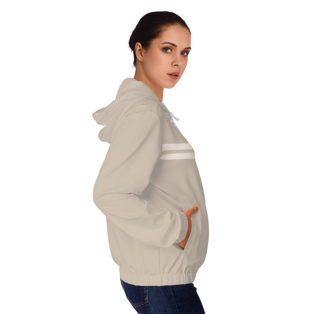 Women’s Full-Zip Hoodie with Retro Stripe Design — Sand Beige All-Over Print