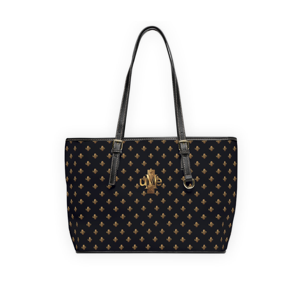 Black PU Leather Shoulder Tote — Gold uMe Cross Logo Handbag